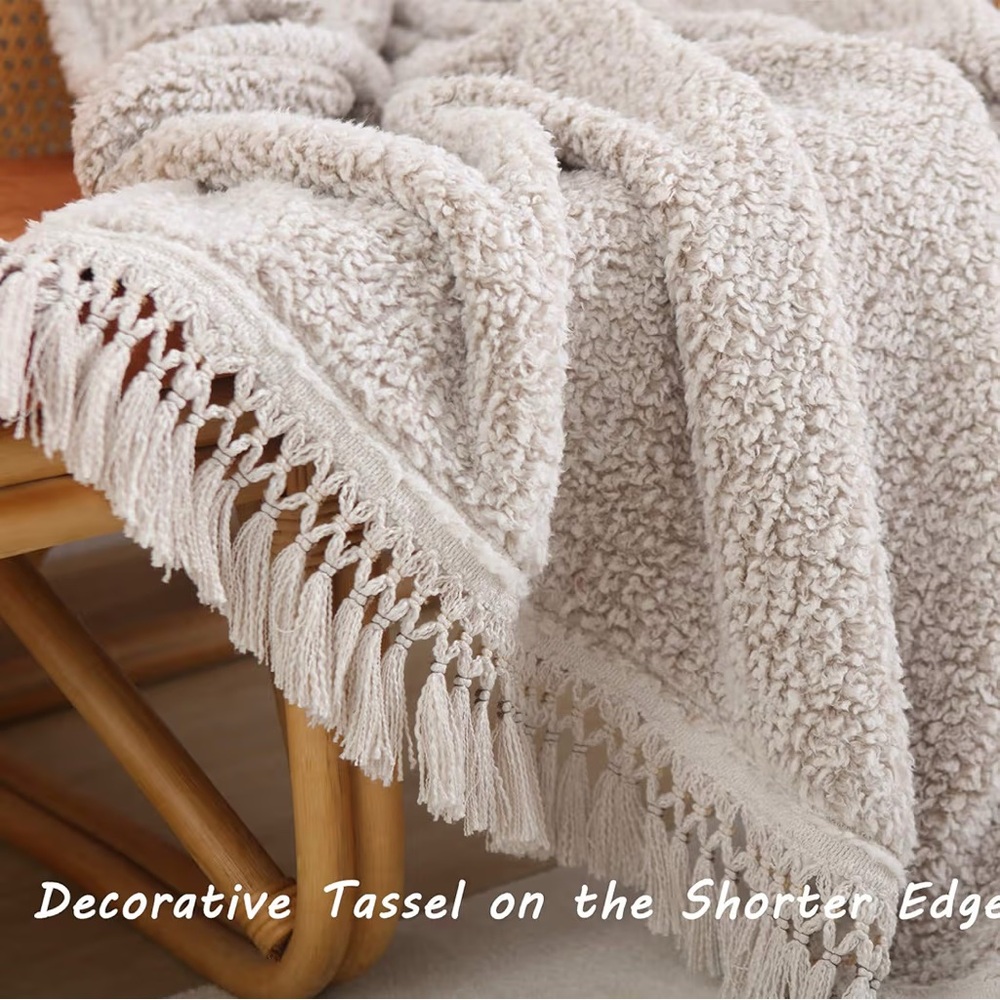 horimote home Ultra Soft Fleece Sherpa Blanket Tassel,  Ombre Light Brown,king - Picture 10 of 14